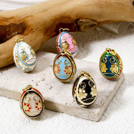 Picture of Brass Easter Day Charms 18K Gold Plated Egg Flower Enamel 28mm x 15.5mm