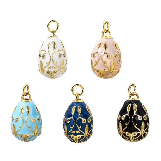 Picture of 1 Piece Brass Easter Day Charms 18K Gold Plated Egg Flower Vine Enamel Clear Cubic Zirconia 28mm x 15.5mm