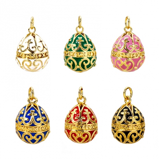 Picture of Brass Easter Day Charms 18K Gold Plated Egg Carved Pattern Enamel 26mm x 15.5mm