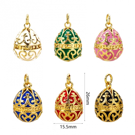 Picture of Brass Easter Day Charms 18K Gold Plated Egg Carved Pattern Enamel 26mm x 15.5mm