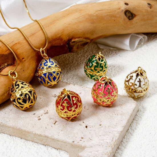 Picture of Brass Easter Day Charms 18K Gold Plated Egg Carved Pattern Enamel 26mm x 15.5mm