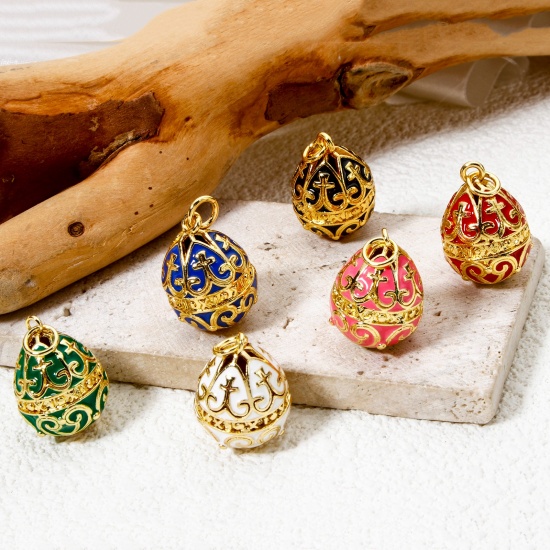 Picture of Brass Easter Day Charms 18K Gold Plated Egg Carved Pattern Enamel 26mm x 15.5mm