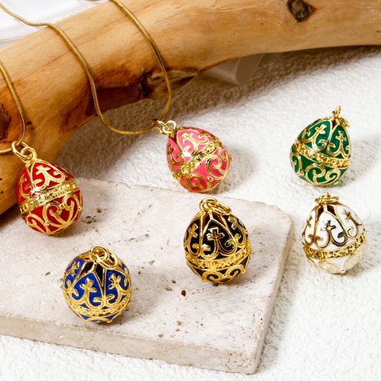 Picture of Brass Easter Day Charms 18K Gold Plated Egg Carved Pattern Enamel 26mm x 15.5mm