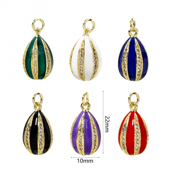 Picture of 1 Piece Brass Easter Day Charms 18K Gold Plated Egg Stripe Enamel Clear Cubic Zirconia 22mm x 10mm