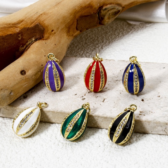 Picture of 1 Piece Brass Easter Day Charms 18K Gold Plated Egg Stripe Enamel Clear Cubic Zirconia 22mm x 10mm