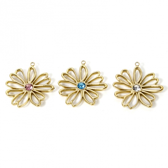 Image de 1 Pièce Breloques en 304 Acier Inoxydable Revêtement sous Vide PVD Respectueux de l'Environnement Collection Végétale Fleur Plaqué Or Véritable 14K à Strass Coloré 28mm x 26mm