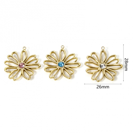 Image de 1 Pièce Breloques en 304 Acier Inoxydable Revêtement sous Vide PVD Respectueux de l'Environnement Collection Végétale Fleur Plaqué Or Véritable 14K à Strass Coloré 28mm x 26mm