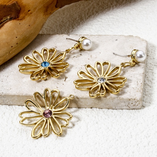 Image de 1 Pièce Breloques en 304 Acier Inoxydable Revêtement sous Vide PVD Respectueux de l'Environnement Collection Végétale Fleur Plaqué Or Véritable 14K à Strass Coloré 28mm x 26mm