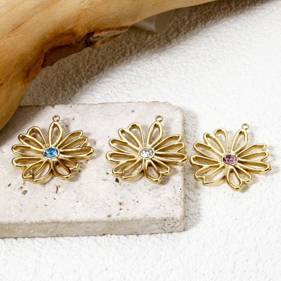 Image de 1 Pièce Breloques en 304 Acier Inoxydable Revêtement sous Vide PVD Respectueux de l'Environnement Collection Végétale Fleur Plaqué Or Véritable 14K à Strass Coloré 28mm x 26mm