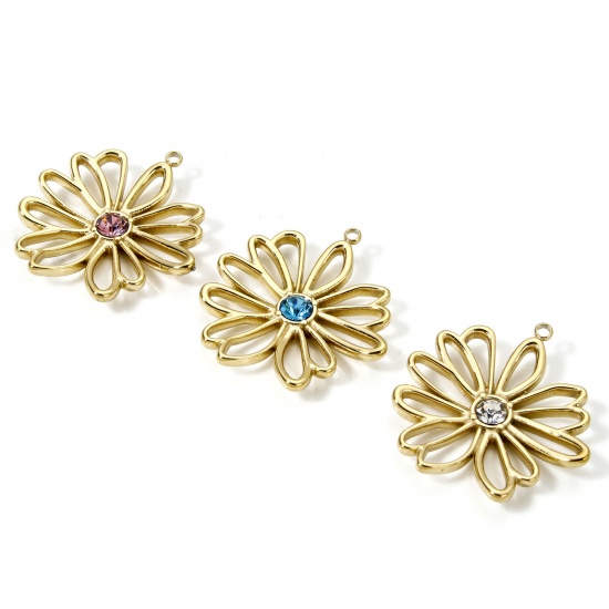 Image de 1 Pièce Breloques en 304 Acier Inoxydable Revêtement sous Vide PVD Respectueux de l'Environnement Collection Végétale Fleur Plaqué Or Véritable 14K à Strass Coloré 28mm x 26mm