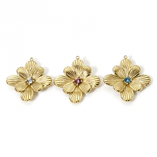 Imagen de 1 Unidad Recubrimiento al Vacío PVD Ecológico 304 Acero Inoxidable Colección Flora Colgantes Diamond 14K Oro Real Chapado Flor 3D Multicolor Rhinestone 26mm x 24mm
