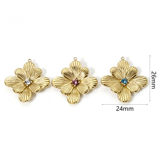 Imagen de 1 Unidad Recubrimiento al Vacío PVD Ecológico 304 Acero Inoxidable Colección Flora Colgantes Diamond 14K Oro Real Chapado Flor 3D Multicolor Rhinestone 26mm x 24mm