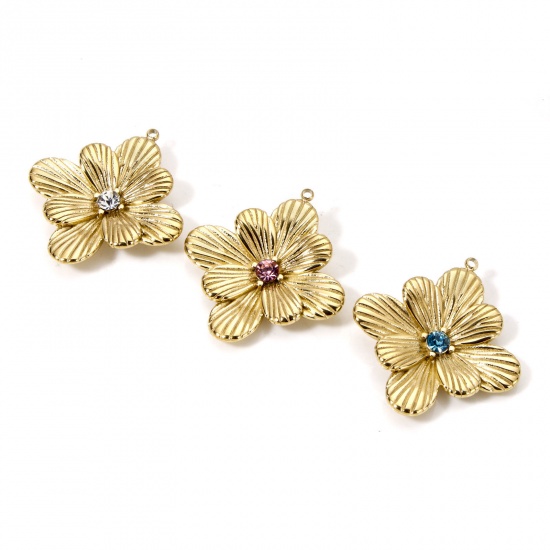 Imagen de 1 Unidad Recubrimiento al Vacío PVD Ecológico 304 Acero Inoxidable Colección Flora Colgantes Diamond 14K Oro Real Chapado Flor 3D Multicolor Rhinestone 26mm x 24mm
