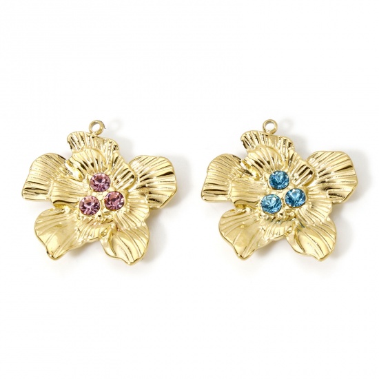 Immagine di 1 Pz Placcatura Sottovuoto PVD Ecologica 304 Acciaio Inossidabile Collezione Flora Ciondoli Fiore 14K Vero Oro Placcato Multicolore Strass 24mm x 24mm