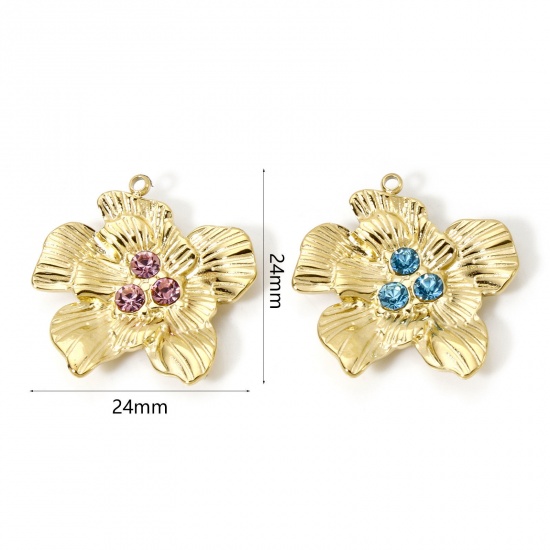 Immagine di 1 Pz Placcatura Sottovuoto PVD Ecologica 304 Acciaio Inossidabile Collezione Flora Ciondoli Fiore 14K Vero Oro Placcato Multicolore Strass 24mm x 24mm