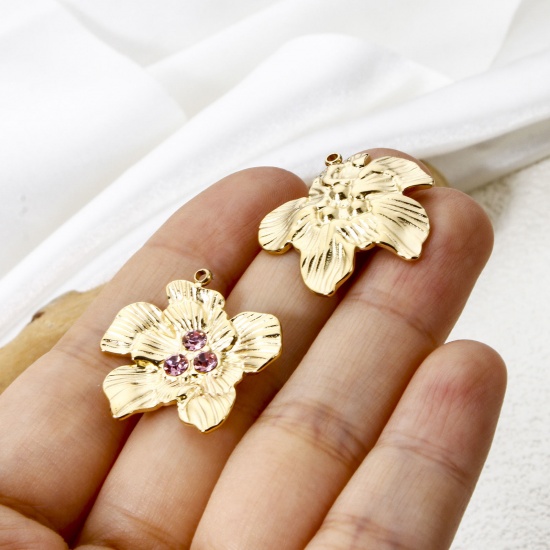 Immagine di 1 Pz Placcatura Sottovuoto PVD Ecologica 304 Acciaio Inossidabile Collezione Flora Ciondoli Fiore 14K Vero Oro Placcato Multicolore Strass 24mm x 24mm
