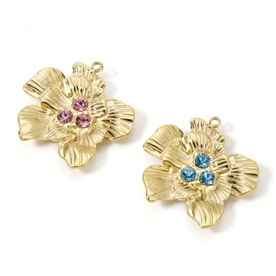 Immagine di 1 Pz Placcatura Sottovuoto PVD Ecologica 304 Acciaio Inossidabile Collezione Flora Ciondoli Fiore 14K Vero Oro Placcato Multicolore Strass 24mm x 24mm