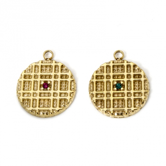 Picture of Eco-friendly PVD Vacuum Plating 304 Stainless Steel Charms 14K Real Gold Plated Biscuit Multicolor Rhinestone 19mm x 16mm