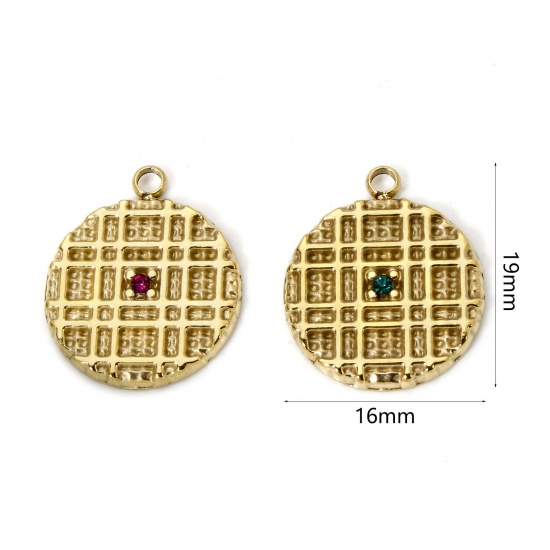 Picture of Eco-friendly PVD Vacuum Plating 304 Stainless Steel Charms 14K Real Gold Plated Biscuit Multicolor Rhinestone 19mm x 16mm