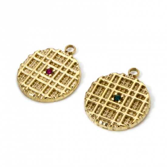 Picture of Eco-friendly PVD Vacuum Plating 304 Stainless Steel Charms 14K Real Gold Plated Biscuit Multicolor Rhinestone 19mm x 16mm