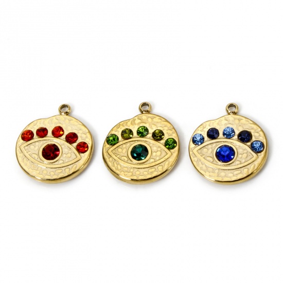 Picture of Eco-friendly PVD Vacuum Plating 304 Stainless Steel Religious Charms 14K Real Gold Plated Round Eye Multicolor Rhinestone 16mm x 14mm