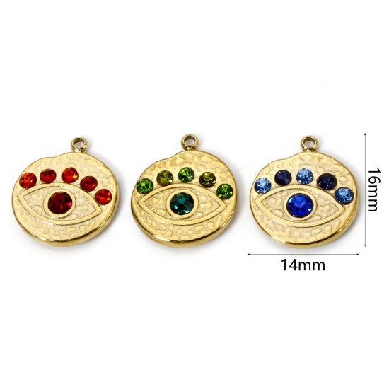 Picture of Eco-friendly PVD Vacuum Plating 304 Stainless Steel Religious Charms 14K Real Gold Plated Round Eye Multicolor Rhinestone 16mm x 14mm