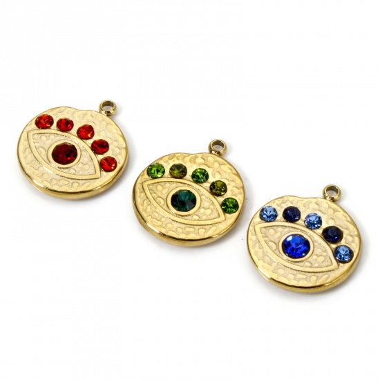 Picture of Eco-friendly PVD Vacuum Plating 304 Stainless Steel Religious Charms 14K Real Gold Plated Round Eye Multicolor Rhinestone 16mm x 14mm