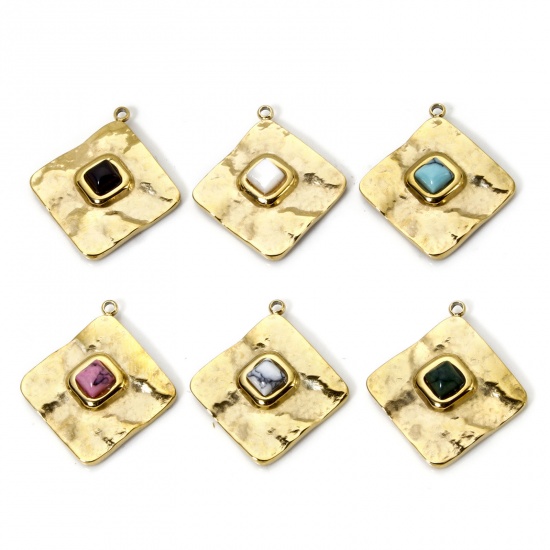 Imagen de 1 Unidad Recubrimiento al Vacío PVD Ecológico 304 Acero Inoxidable Colgantes Diamond 14K Oro Real Chapado Multicolor Con Cabochons de piedras preciosas sintéticas 24.5mm x 22mm