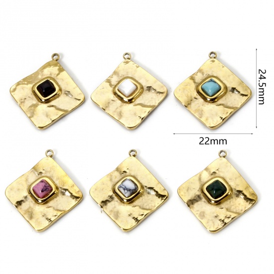 Imagen de 1 Unidad Recubrimiento al Vacío PVD Ecológico 304 Acero Inoxidable Colgantes Diamond 14K Oro Real Chapado Multicolor Con Cabochons de piedras preciosas sintéticas 24.5mm x 22mm