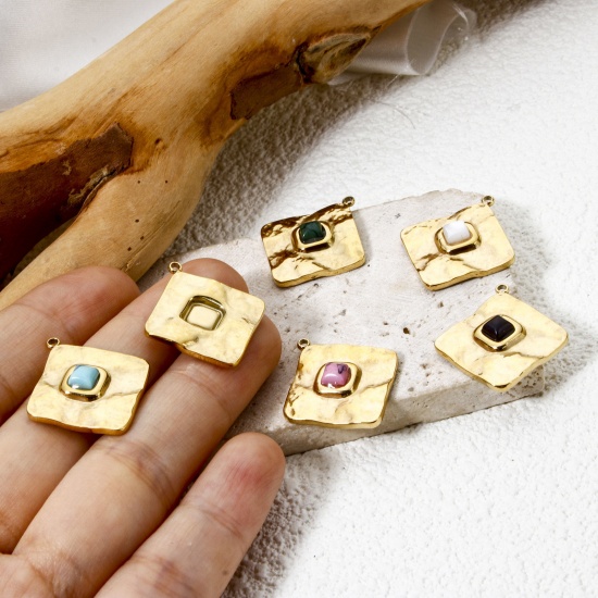 Imagen de 1 Unidad Recubrimiento al Vacío PVD Ecológico 304 Acero Inoxidable Colgantes Diamond 14K Oro Real Chapado Multicolor Con Cabochons de piedras preciosas sintéticas 24.5mm x 22mm