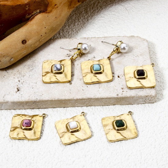 Imagen de 1 Unidad Recubrimiento al Vacío PVD Ecológico 304 Acero Inoxidable Colgantes Diamond 14K Oro Real Chapado Multicolor Con Cabochons de piedras preciosas sintéticas 24.5mm x 22mm