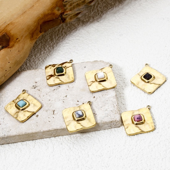 Imagen de 1 Unidad Recubrimiento al Vacío PVD Ecológico 304 Acero Inoxidable Colgantes Diamond 14K Oro Real Chapado Multicolor Con Cabochons de piedras preciosas sintéticas 24.5mm x 22mm