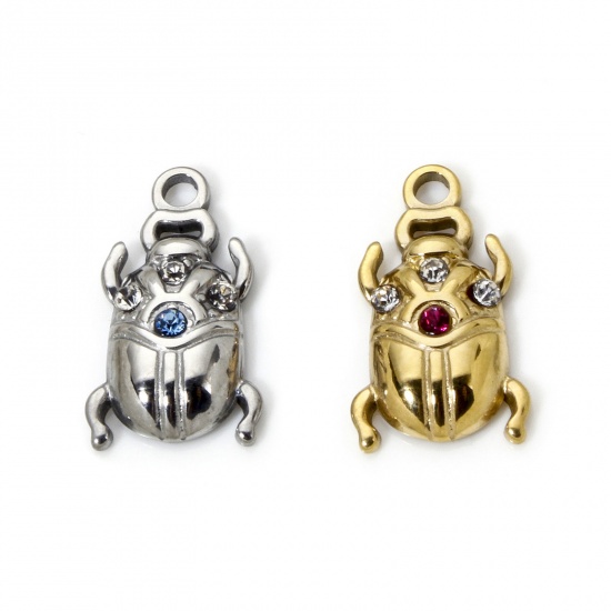 Picture of 1 Piece Eco-friendly PVD Vacuum Plating 304 Stainless Steel Insect Charms Multicolor Ladybug Animal Multicolor Rhinestone 17mm x 10mm