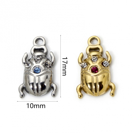 Picture of 1 Piece Eco-friendly PVD Vacuum Plating 304 Stainless Steel Insect Charms Multicolor Ladybug Animal Multicolor Rhinestone 17mm x 10mm