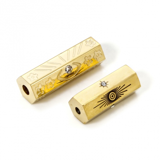 Picture of Eco-friendly PVD Vacuum Plating 304 Stainless Steel Beads For DIY Jewelry Making 14K Real Gold Plated Hexagonal Prism Clear Rhinestone