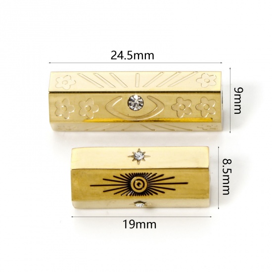 Picture of Eco-friendly PVD Vacuum Plating 304 Stainless Steel Beads For DIY Jewelry Making 14K Real Gold Plated Hexagonal Prism Clear Rhinestone