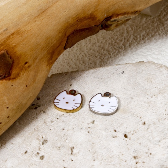 Bild von Umweltfreundliche PVD-Vakuumbeschichtung 304 Edelstahl Charms Katze Bunt Emaille 10mm x 10mm
