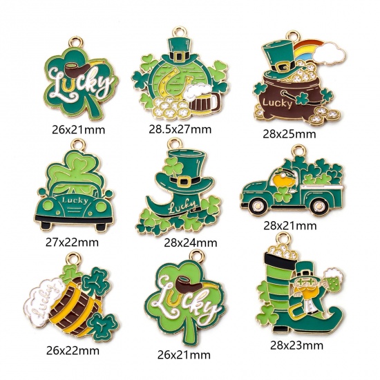 Picture of Zinc Based Alloy St Patrick's Day Charms Gold Plated Green Leaf Clover Shamrock Enamel