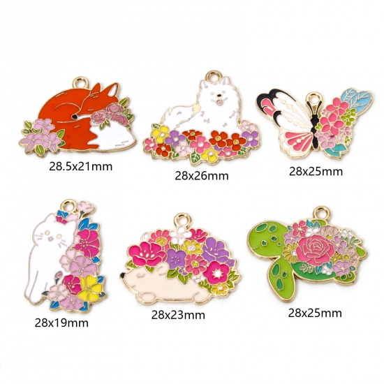 Picture of 10 PCs Zinc Based Alloy Charms Gold Plated Multicolor Animal Flower Enamel