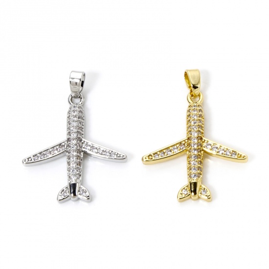 Picture of 2 PCs Brass Transport Charm Pendant Multicolor Airplane Micro Pave Clear Cubic Zirconia 29mm x 21mm