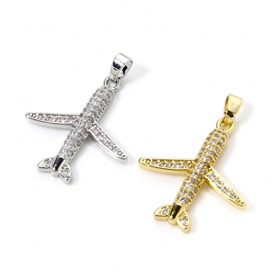 Picture of 2 PCs Brass Transport Charm Pendant Multicolor Airplane Micro Pave Clear Cubic Zirconia 29mm x 21mm