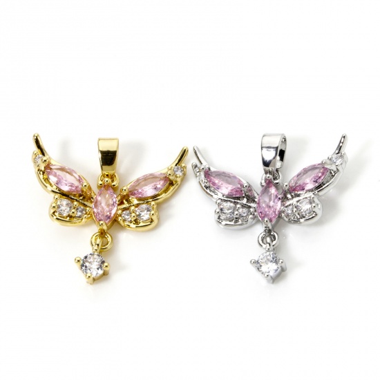 Picture of Brass Charm Pendant Multicolor Butterfly Animal Pink Cubic Zirconia 20mm x 20mm