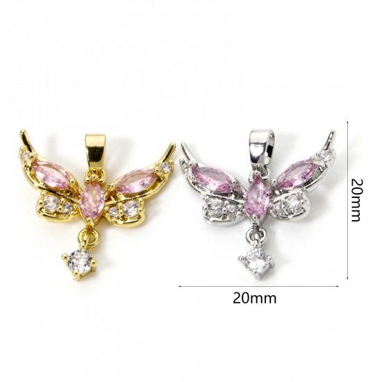 Picture of Brass Charm Pendant Multicolor Butterfly Animal Pink Cubic Zirconia 20mm x 20mm