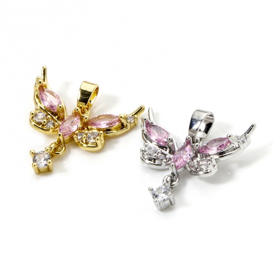 Picture of Brass Charm Pendant Multicolor Butterfly Animal Pink Cubic Zirconia 20mm x 20mm