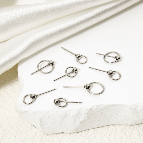 Picture of 6 PCs 304 Stainless Steel Ear Post Stud Earring With Loop Connector Accessories Round Silver Tone Post/ Wire Size: (21 gauge)