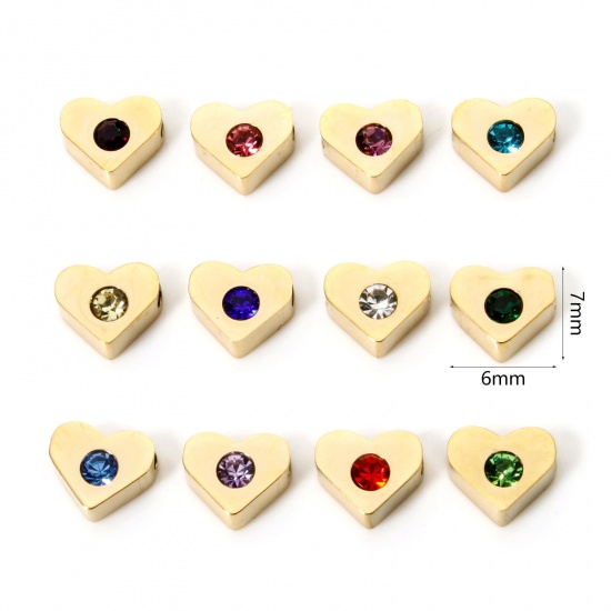 Picture of Eco-friendly PVD Vacuum Plating 304 Stainless Steel Birthstone Beads For DIY Jewelry Making 14K Gold Plated Heart Multicolour Cubic Zirconia 7mm x 6mm, Hole: Approx 1.2mm