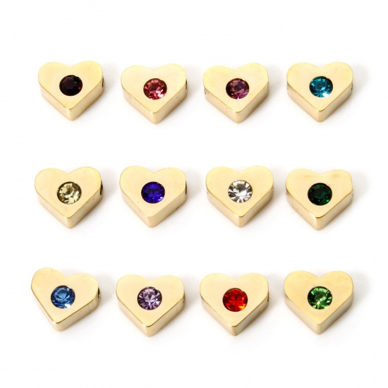 Picture of Eco-friendly PVD Vacuum Plating 304 Stainless Steel Birthstone Beads For DIY Jewelry Making 14K Gold Plated Heart Multicolour Cubic Zirconia 7mm x 6mm, Hole: Approx 1.2mm