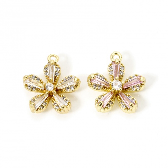 Picture of Brass Charms 18K Gold Plated Flower Micro Pave Clear Cubic Zirconia 16mm x 14mm