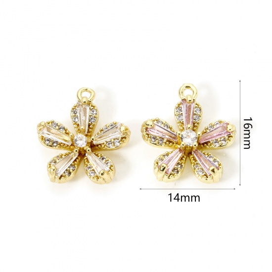 Picture of Brass Charms 18K Gold Plated Flower Micro Pave Clear Cubic Zirconia 16mm x 14mm