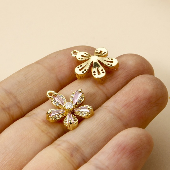 Picture of Brass Charms 18K Gold Plated Flower Micro Pave Clear Cubic Zirconia 16mm x 14mm